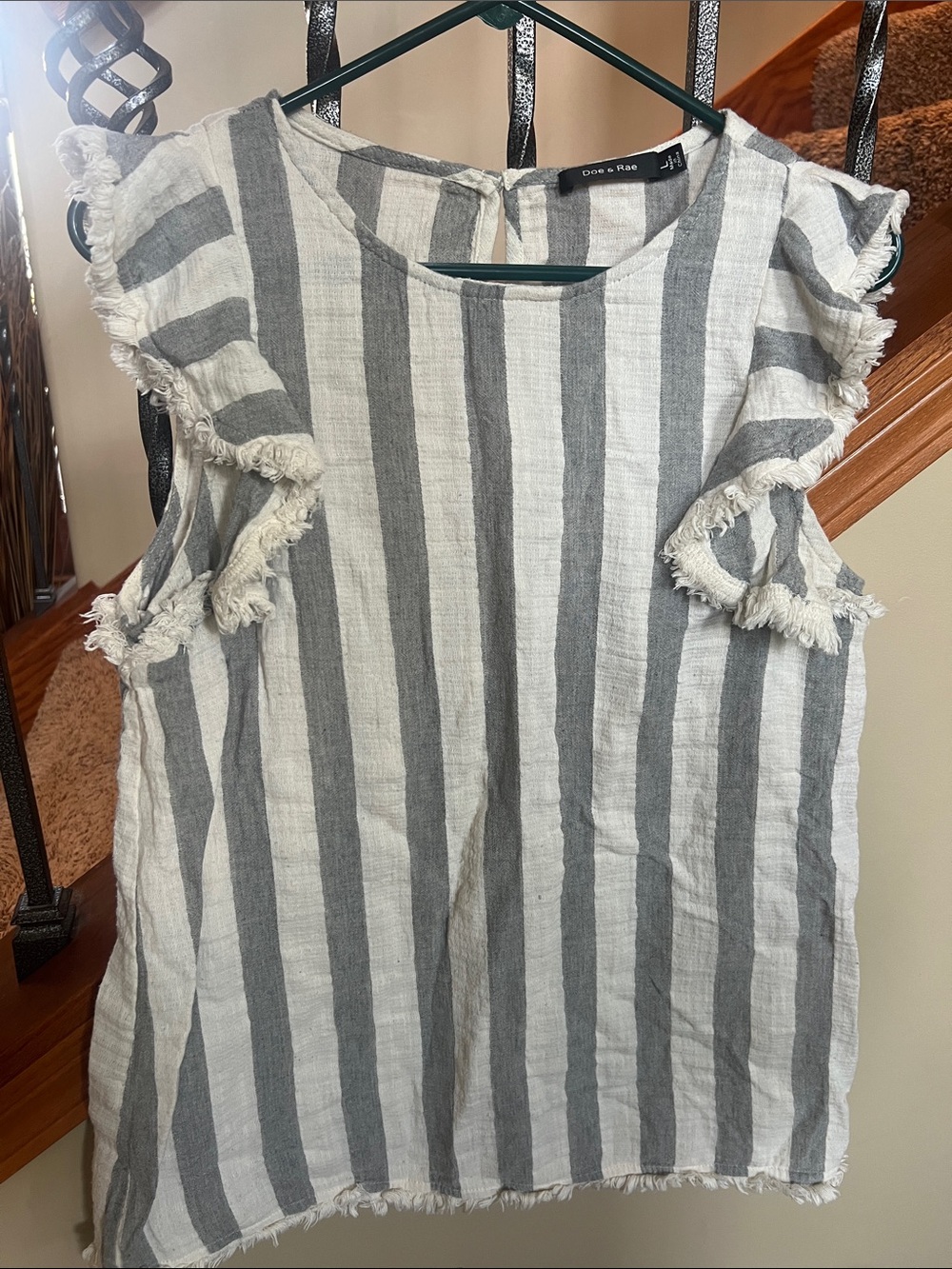 Doe & Rae Gray & White Vertical Stripe Frayed Sleeve Blouse 100% cotton